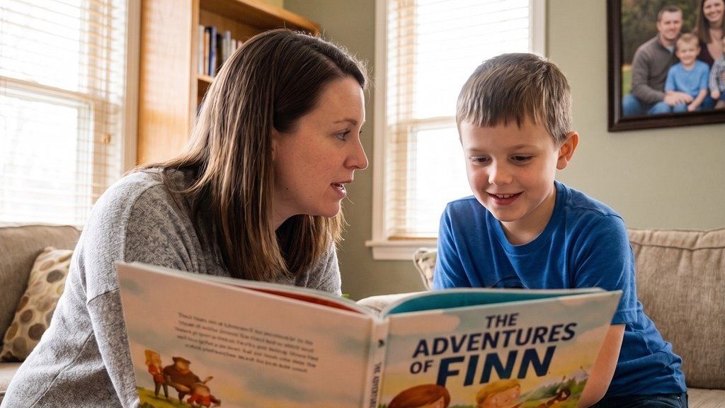 Adult pointing at a blank line while reading, child watching the page.