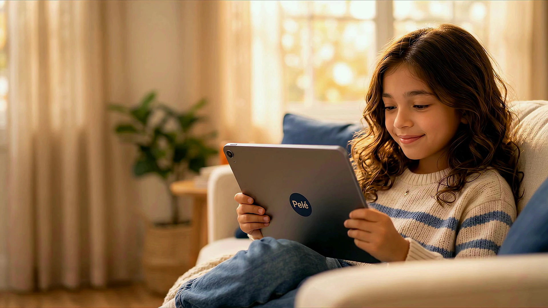 A child reading with PELE on a tablet at home