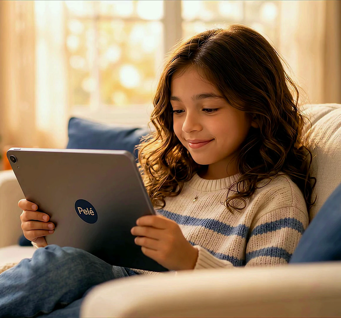 A child reading on a tablet at home