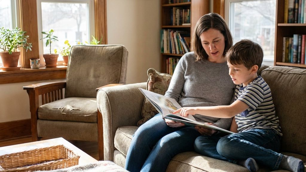 Adult reading first, child following the page with a finger.