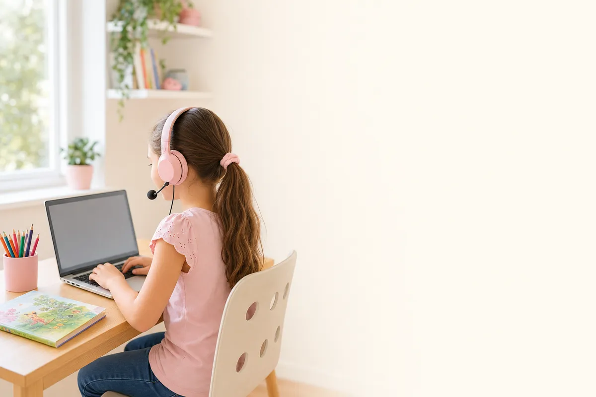 A child listening with headphones during home reading practice